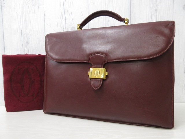  превосходный товар Cartier Cartier Must линия портфель ручная сумочка сумка кожа бордо A4 место хранения возможно мужской 71076