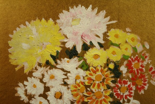 ★最終値下げ◆上田清一 「菊」 金色紙 梅田画廊シール 国画会 神戸 お勧めの品！油彩 Seiichi Ueda★_画像3