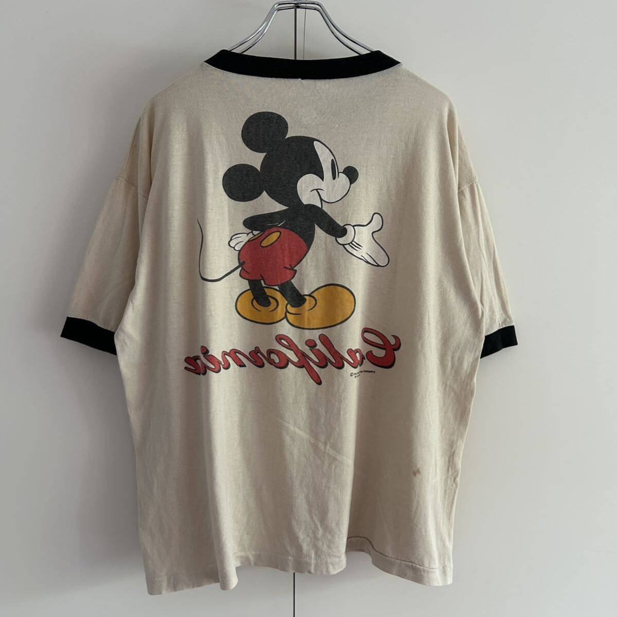 80s 90s sherry ディズニー ミッキーマウス リンガーTシャツ L-XL程度 ベージュ 両面プリント 古着 アーカイブ_画像5