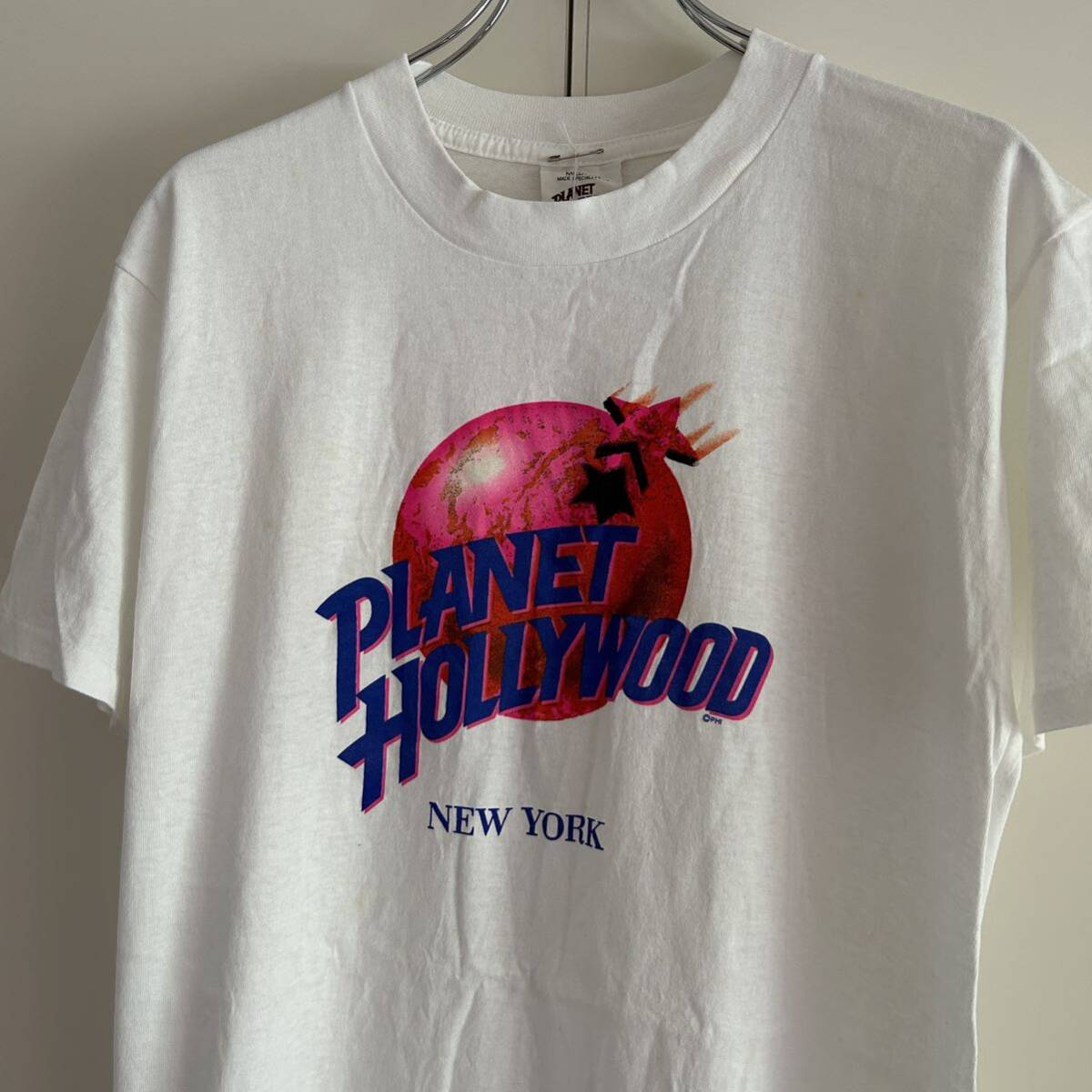 デッドストック 90s PLANET HOLLYWOOD プラネットハリウッド USA製 ロゴTシャツ M 袖裾シングル ホワイト アート アニメ 企業 古着の画像1