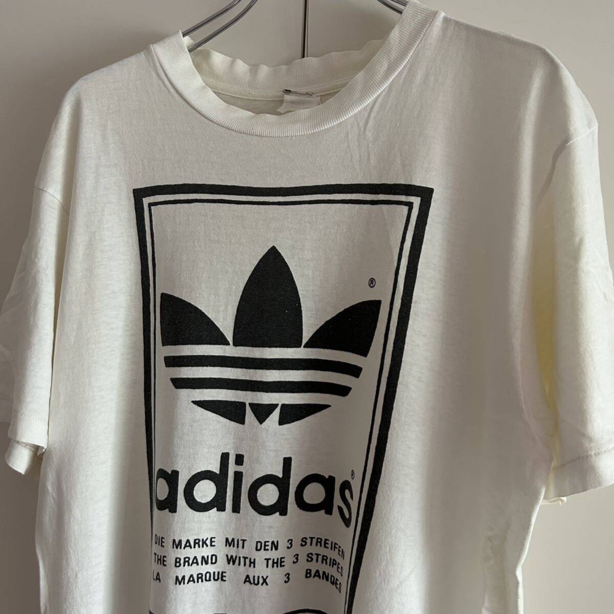 80s adidas アディダス ロゴTシャツ L程度 袖裾シングル トレフォイル ホワイト ロゴプリント 古着 アーカイブ ボロ グランジの画像1