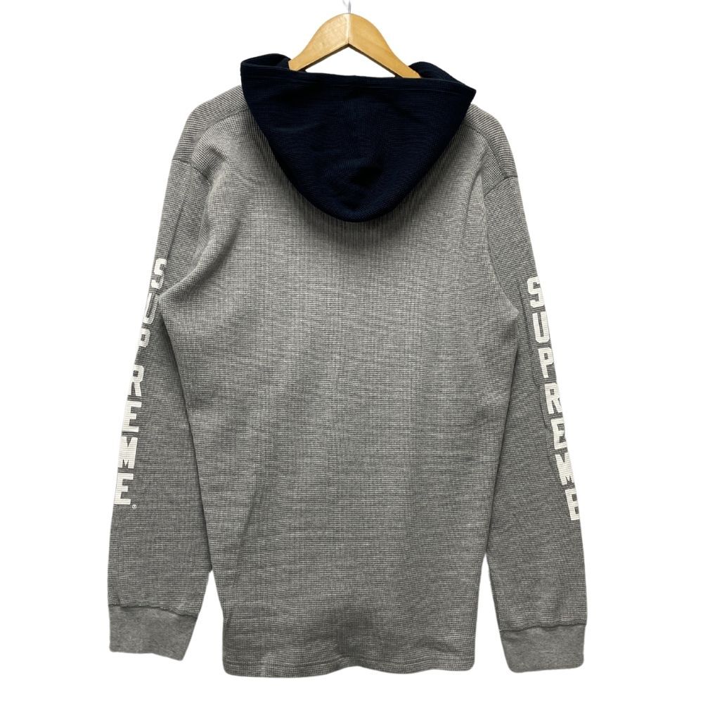 SUPREME シュプリーム 15AW Hooded Waffle Thermal 袖ロゴ ワッフルサーマル パーカー グレー×ネイビー サイズXL 正規品 / 34018_画像2