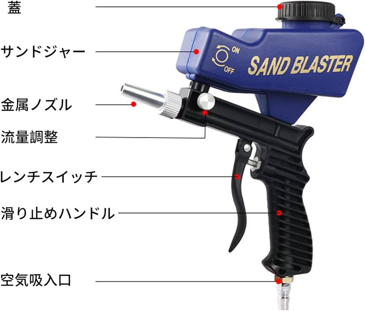 サンドブラストガン 噴射ノズル 口径6mm 重力式 サンドブラスター 空気圧 DIY 汚れ さび 塗装剥がし 吹き付け 送料無料 ショット 青_画像3