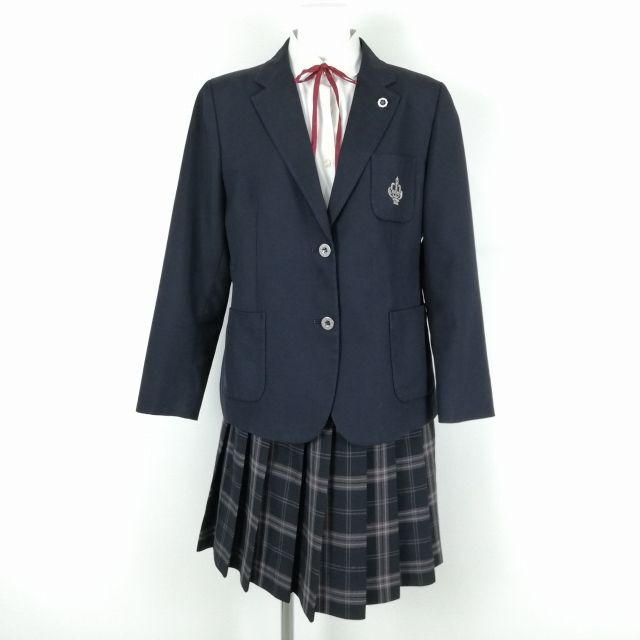 1円 ブレザー チェックスカート 上下4点セット 大きいサイズ 冬物 女子 学生服 大阪香ヶ丘リベルテ高校 紺 制服 中古 ランクC EY9034_画像1