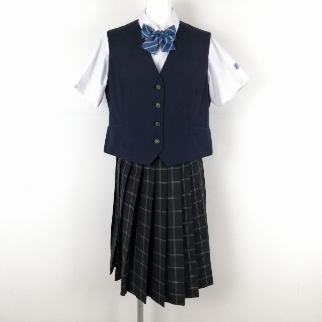 1円 ベスト チェックスカート リボン 上下4点セット 夏物 女子 学生服 中学 高校 紺 制服 中古 ランクB EY9116の画像1