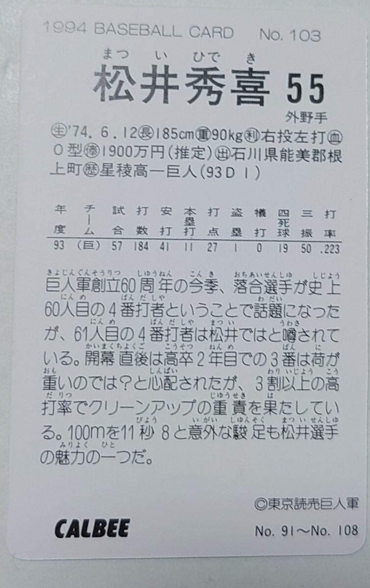 松井秀喜 カルビー1994No.103 読売ジャイアンツ 当時物 レトロ 保管品 レギュラーカード  巨人の画像2