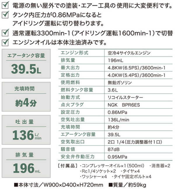 ナカトミ AIRTEC エンジン式 エアーコンプレッサー ECP-39 ベルト式 オイル式 タンク容量39.5L 【個人宅配送不可】【車上渡し】_画像3