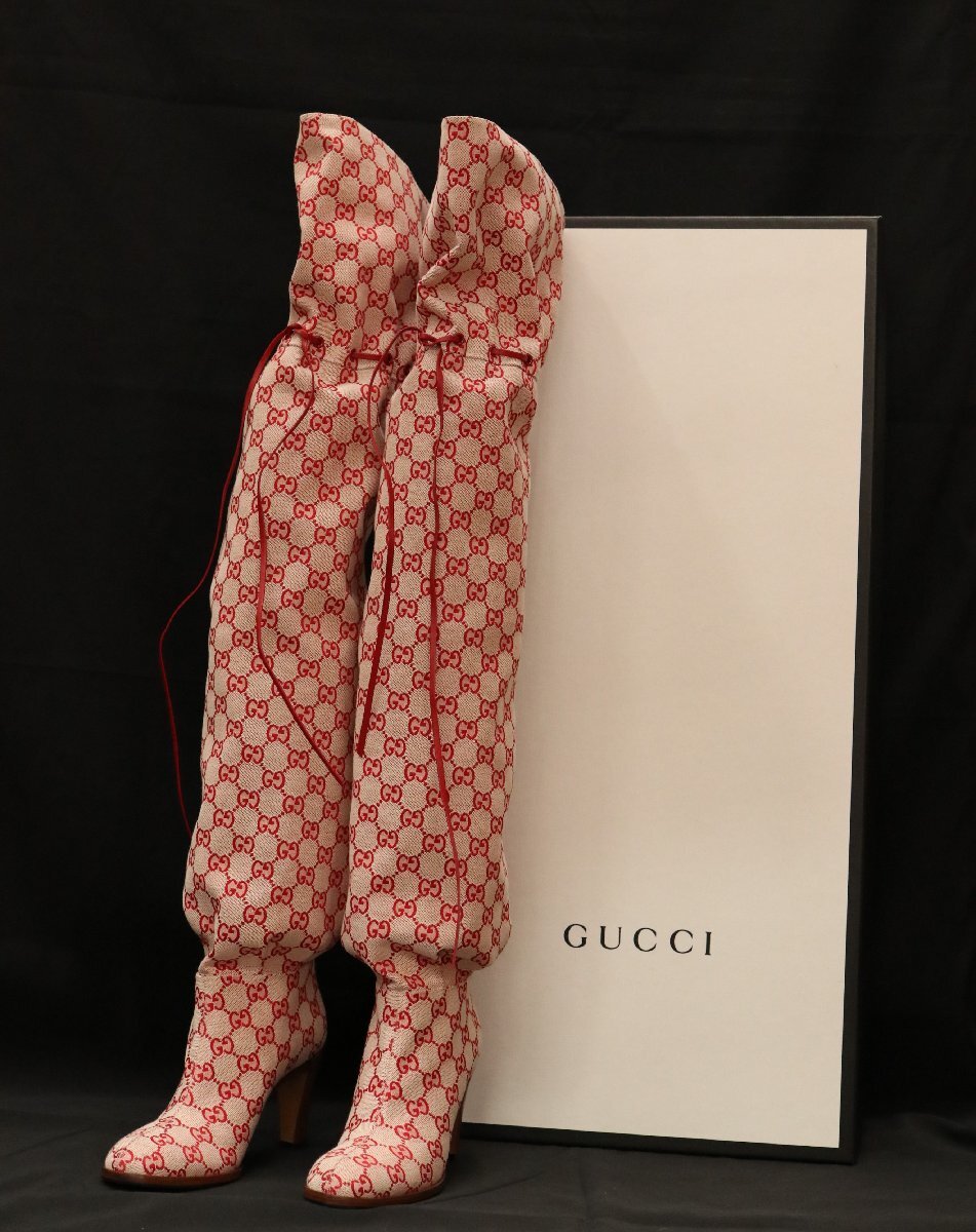 【中古美品】GUCCI グッチ GGキャンバス ニーハイブーツ GG柄ロングブーツ レディース サイズ38.5 赤 レッド 523513 箱付き　_画像1