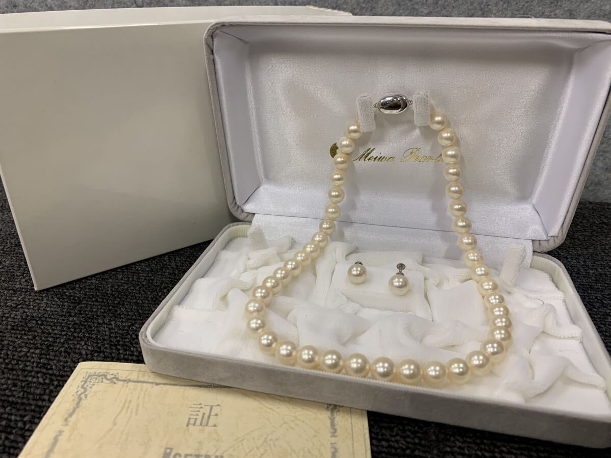 □【売り切り】ISETAN Meiwa Pearls 本パールネックレス イヤリングセット K14WG SILVER の画像1