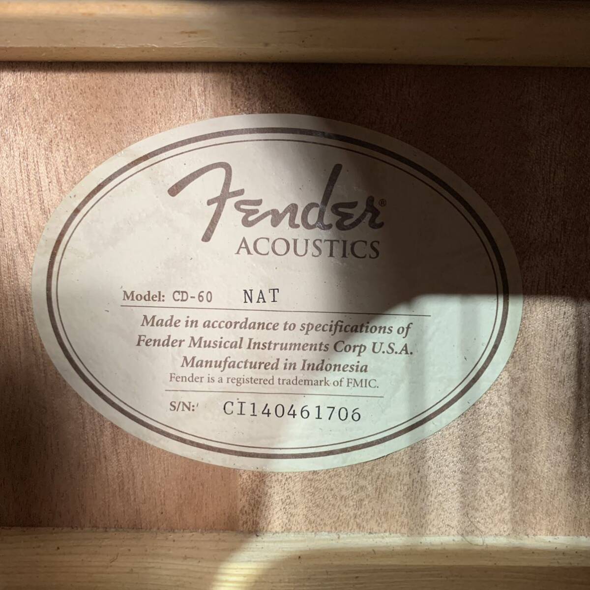 ▲【売り切り】Fender（フェンダー）アコースティックギター CD-60 NAT ※ハードケース付きの画像7