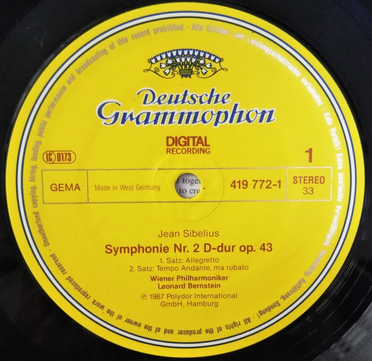 シベリウス 交響曲2番 バーンスタイン 独DGG ウィーン・フィル SIBERIUS SYM.2 BERNSTEIN WIENER PHILHARMONIKER 1986 DIGITAL LPの画像4