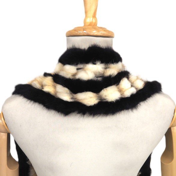  beautiful goods [ arrange free *Y1000~ ] high class fur white × black mink * muffler width :30cm both edge fringe attaching fur ball design *U320T