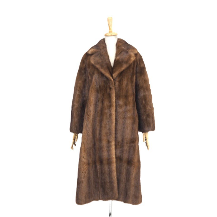 お値打ち品【 MATSUMOTO MINK 】高級毛皮 デミバフミンク◆超ロングコート：110cm丈 襟アップへアー ベーシック ブラウン◆U245Tの画像1