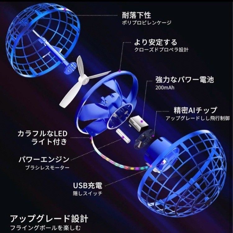 フライングボール ジャイロ 飛行ボール 青 ブルー UFO おもちゃ スピナー