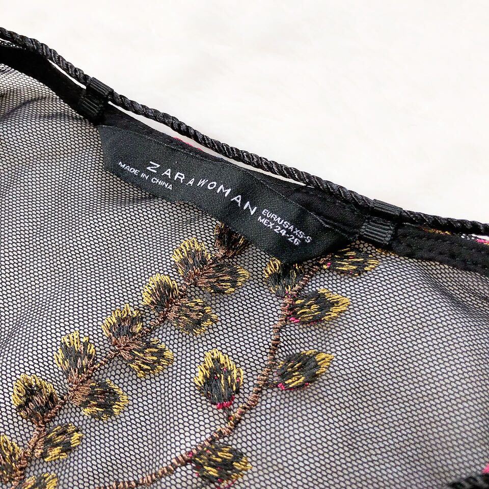 ZARA WOMAN ザラウーマン 刺繍 レース 花柄 ワンピース Ｖネック スリット シースルー タッセル ブラック 黒 S相当 