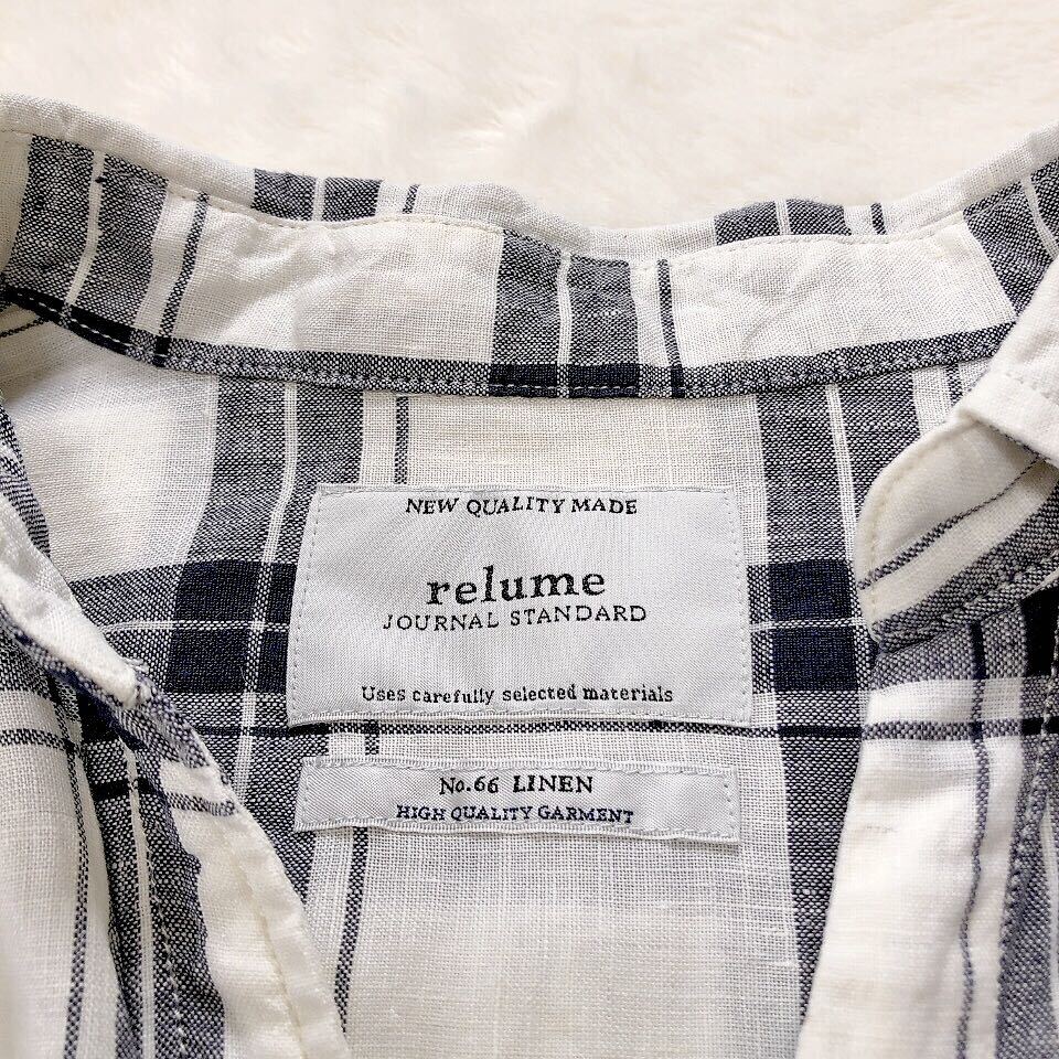 JOURNALSTANDARD relume ジャーナルスタンダード レリューム リネン100% チェック シャツ オフホワイト ネイビー スキッパー フリーサイズ_画像8