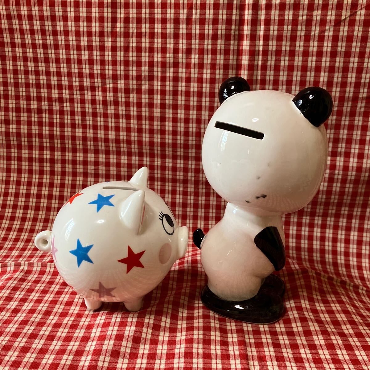  Showa Retro savings box that time thing doll Panda retro ceramics inside wistaria Rene? 2 point set pig 