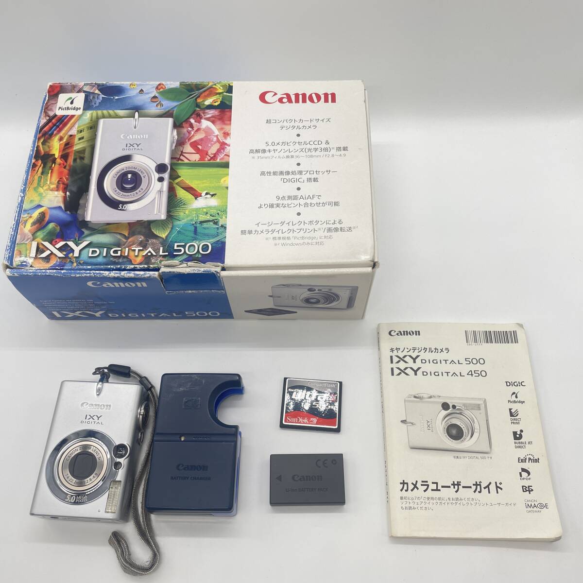 【動作確認済み・説明書・箱・CFカード付き】Canon IXY DIGITAL 500 　コンデジ　デジカメ　デジタルカメラ　シャッター&フラッシュ動作OK_画像1