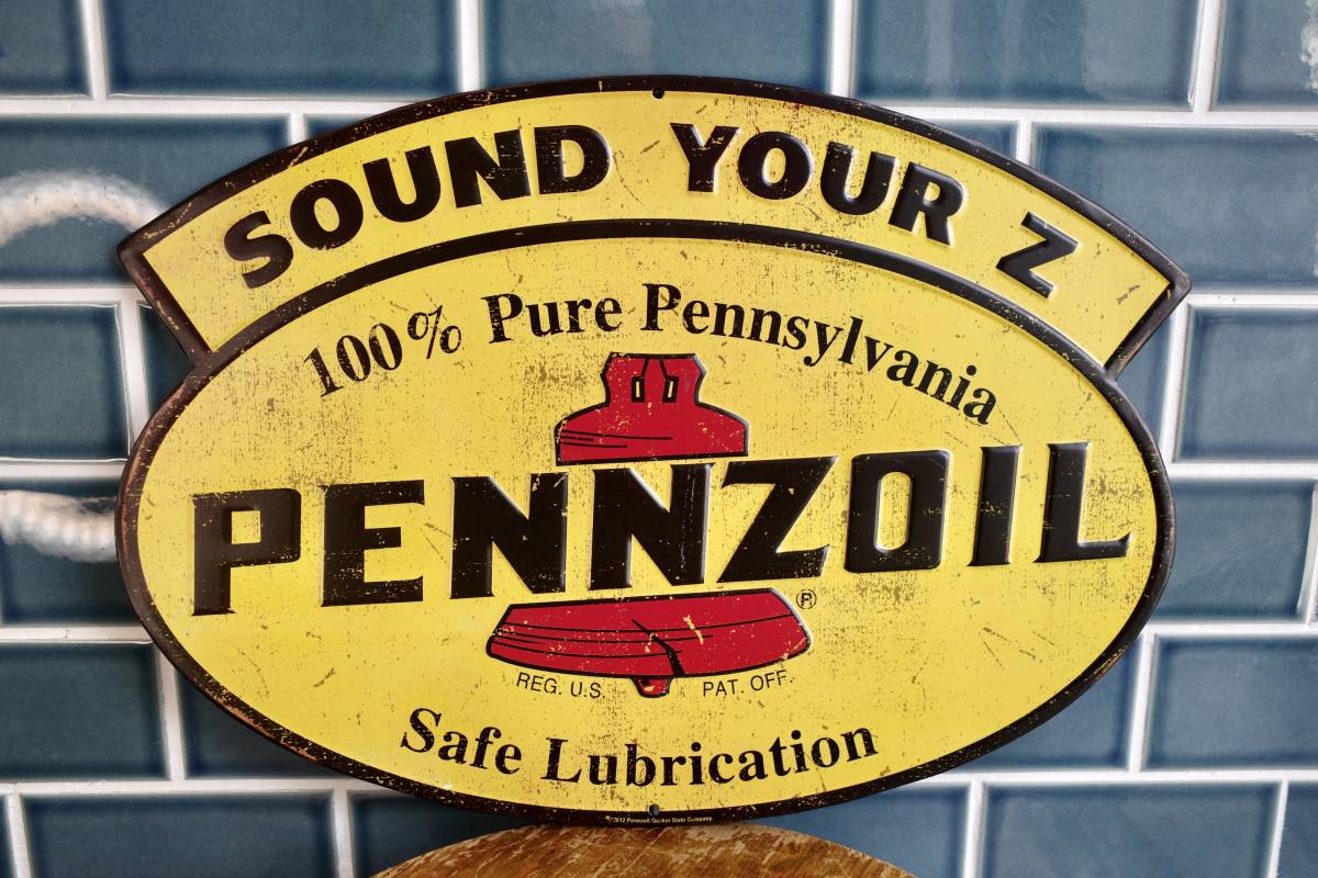 新品　PENNZOIL　SOUND YOUR Z　ペンズオイル　エンボス　メタルサイン　看板　世田谷ベース　ガレージ　オイル缶　ハーレー　USA_画像1