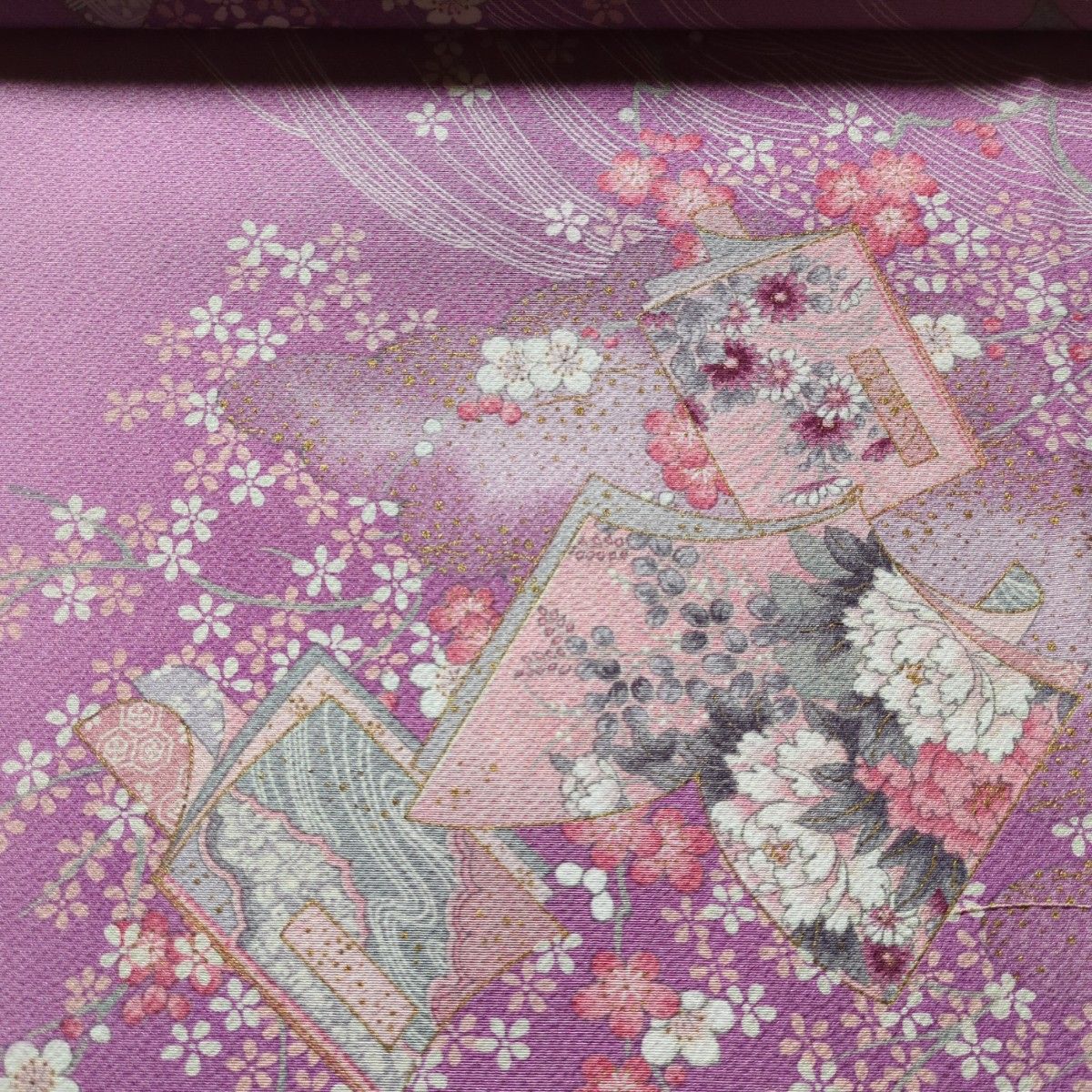 230　正絹 着物ハギレ 36×175㎝　流華桜文　金彩 ピンク　人形着物