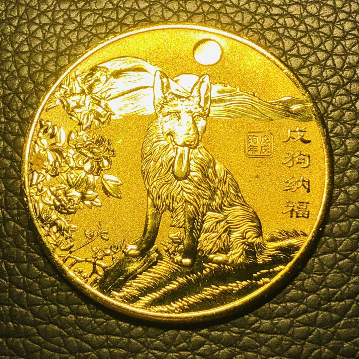 外国古銭 中国 十二支 犬 戌犬納福 アンティーク 福 記念幣 縁起物 大型金貨 カプセル付きの画像1