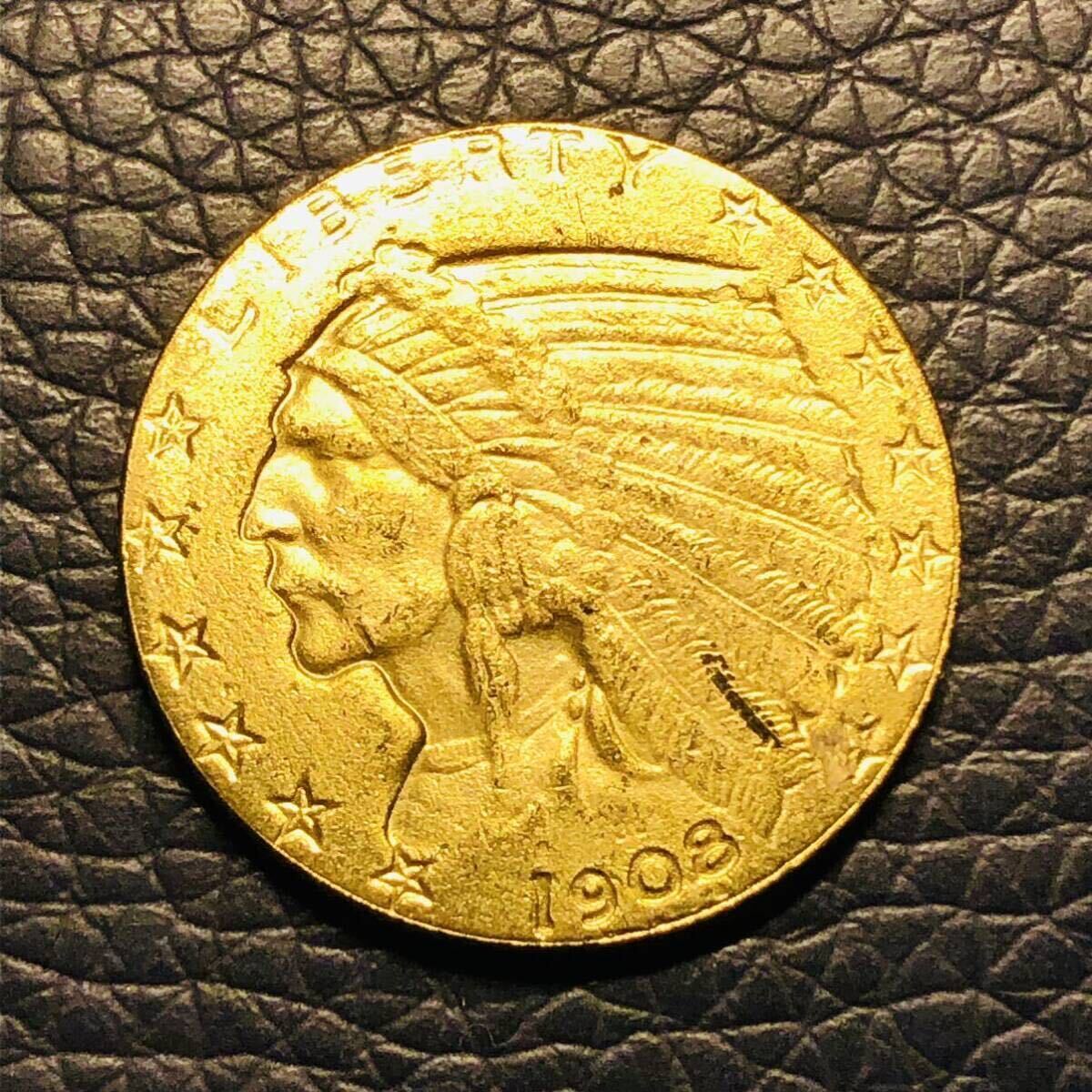 外国古銭 アメリカ インディアンヘッド 5ドル金貨 1908年 イーグル 小型金貨の画像1