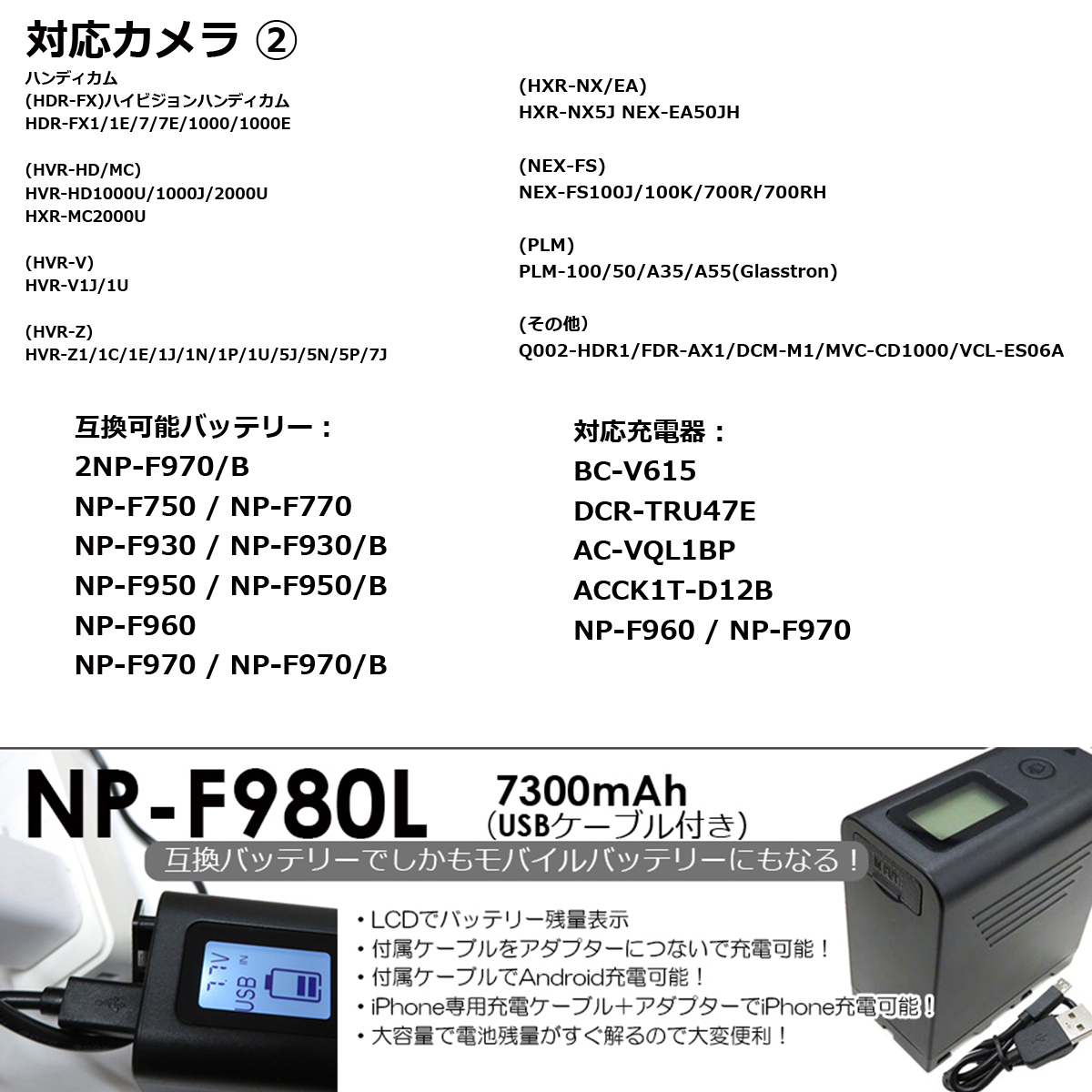 NP-F950 NP-F960 NP-F970 互換バッテリー[2ポート搭載USB充電対応 触れるだけで残量確認可能] ソニー HDR-FX1000/FDR-AX1　F980L_画像6