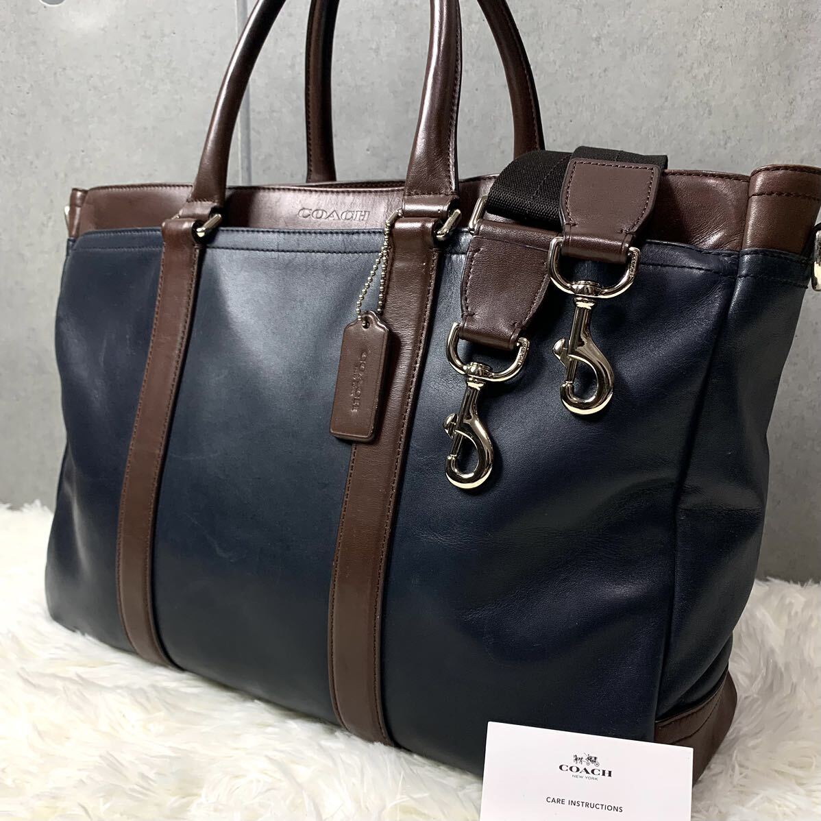 1円 極希少 ●COACH コーチ メンズ レキシトン ビジネスバッグ ショルダー ブリーフ 2way ネイビー ブラウン 紺 茶 レザー 本革 A4収納の画像1