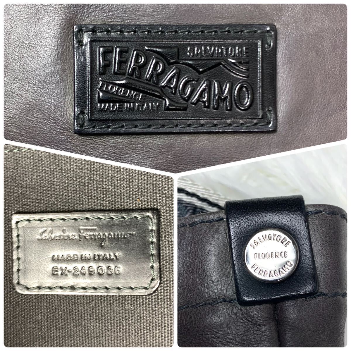 1円 極希少 ● Salvatore Ferragamo フェラガモ メンズ トートバッグ ショルダー ロゴ オールレザー 革 グレー系 灰色系 A4収納 肩掛けの画像10