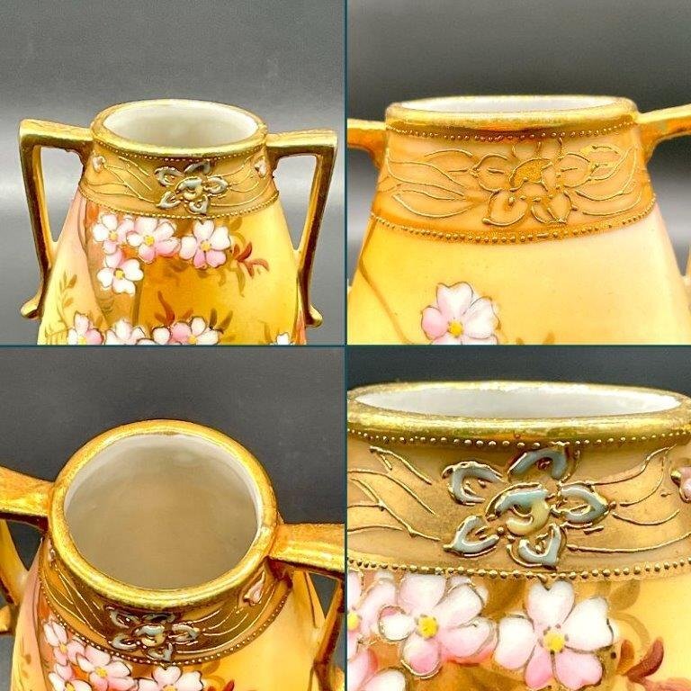 1円～！ オールドノリタケ 桜文双耳脚付花瓶 金彩 盛上 ジュエル マルキ印 Noritake エナメル ノリタケ 景色 豪華装飾 春 1908 櫻の画像6