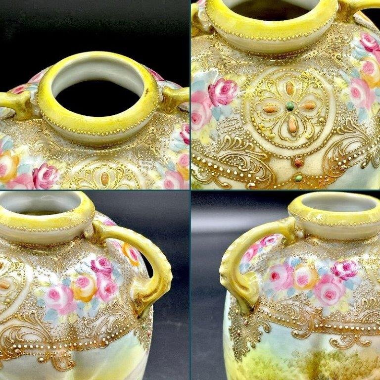 初期作品 オールドノリタケ 湖畔風景文双耳花瓶 金彩 盛上 ジュエル マルキ印 Noritake ノリタケ 景色 豪華装飾 夏景色 1902 ②の画像3