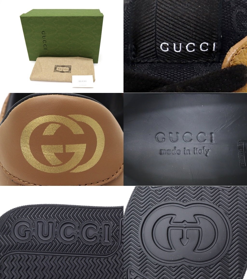 15万新品◆8=27cm◆GUCCI グッチ GGロゴレザー切り替えスニーカー 黒×茶『DOLLAR PIGPRINT』1円