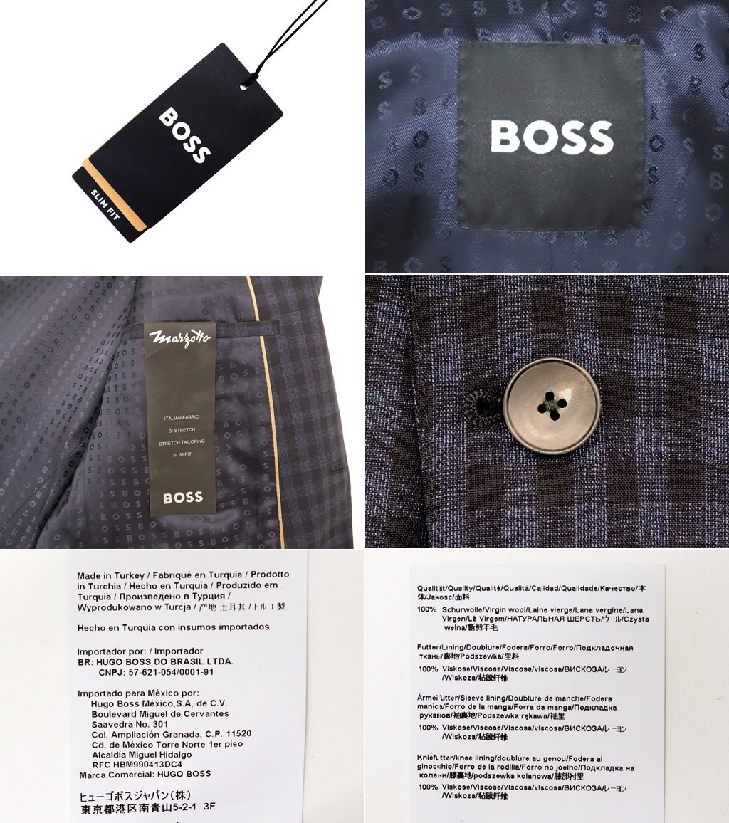 24万新品◆48C=M◆BOSS ヒューゴボス Marzotto社 SLIM FIT チェック柄ヴァージンウール 3ピーススーツ 濃青『H_Huge_3Pcs』1円_画像9