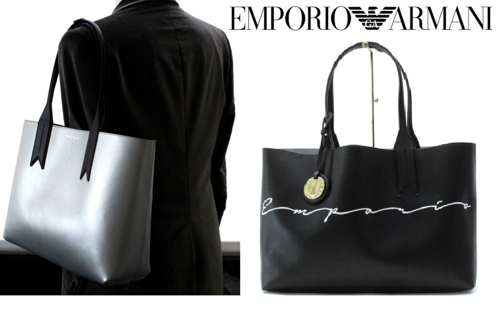 13万新品◆EMPORIO アルマーニ ポーチ付きリバーシブル軽量トートバッグ 黒×シルバー 1円_画像1