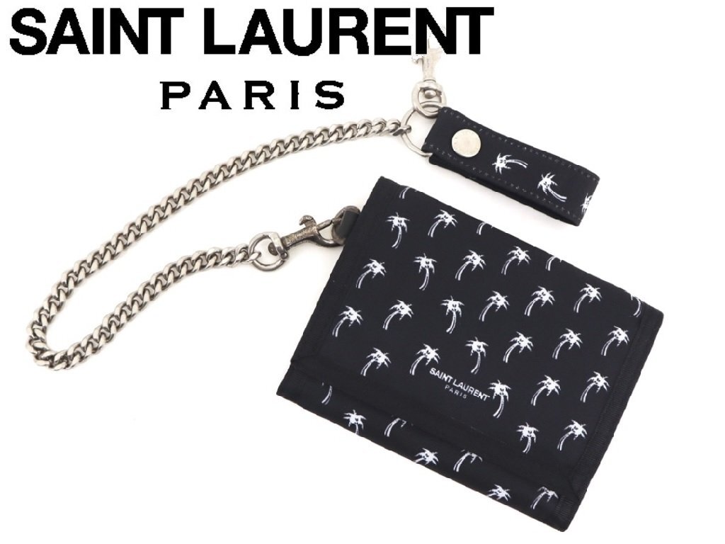 7万新品◆SAINT LAURENT 黒白 パームツリープリント ウォレットチェーン付きマジックテープベルクロ仕様 3つ折り財布【サンローラン】1円の画像1