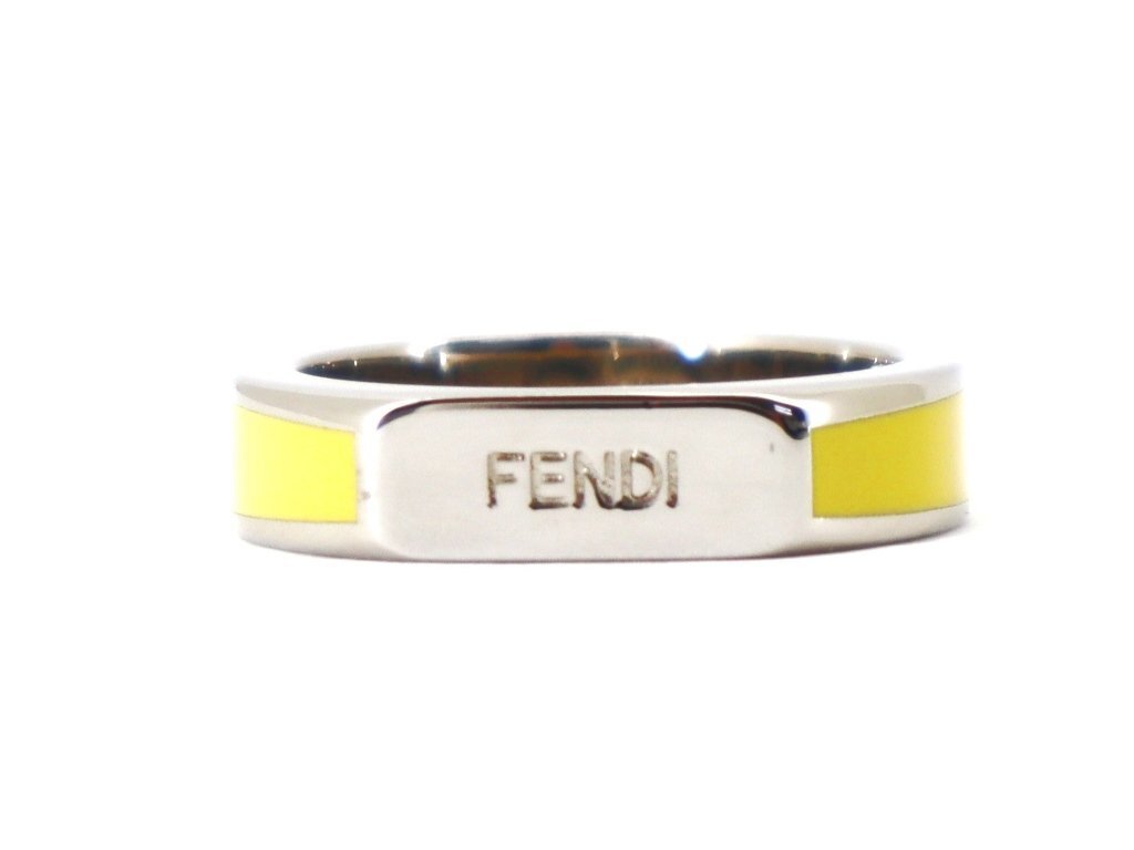 7万新品◆M=22号◆FENDI フェンディ イエロー×シルバー系真鍮 ロゴリング 1円の画像2