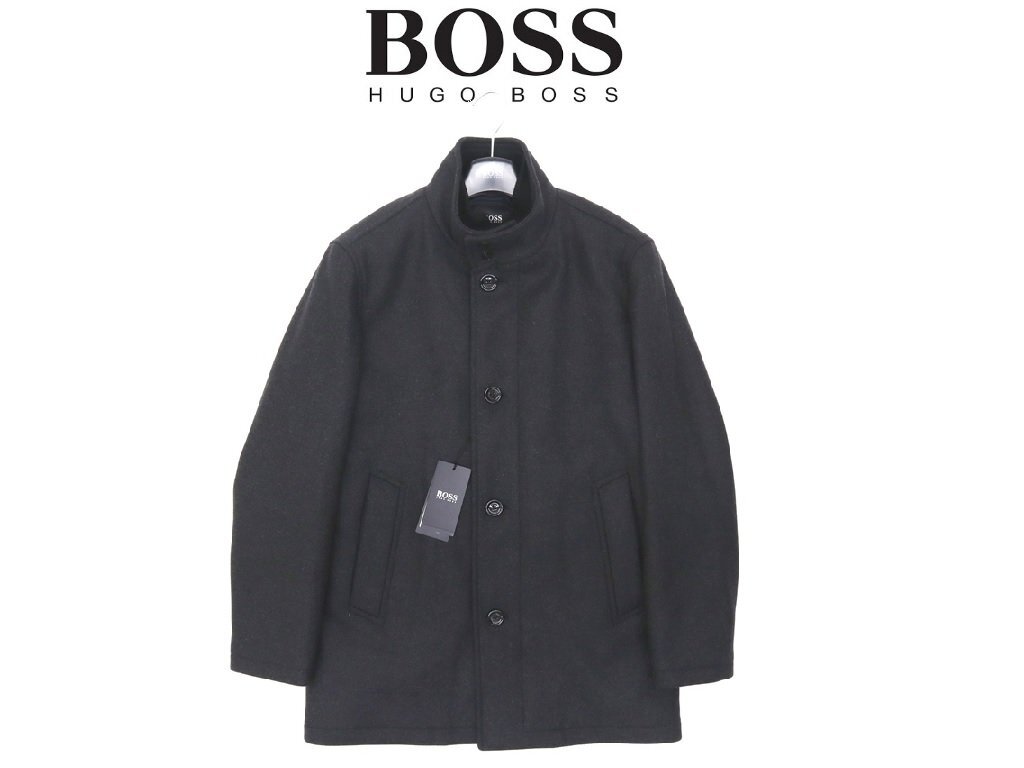 20万新品◆52＝XL◆BOSS ヒューゴボス カシミア混濃灰レイヤード風中綿入りウールコート 1円の画像1