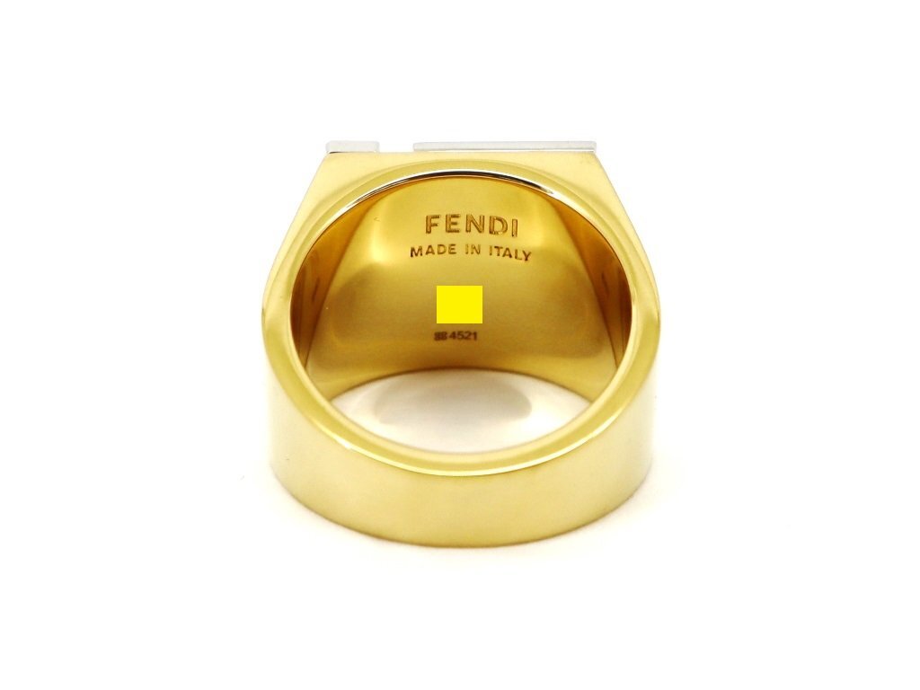 8万新品◆M=22号◆FENDI フェンディ 真鍮パラジウム加工 FFモチーフ スクエアプレート ワイドバンドリング 1円