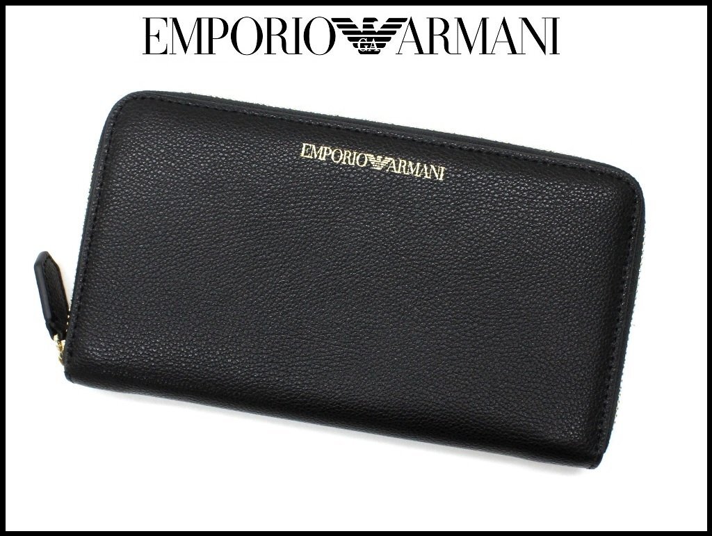 7万新品◆EMPORIO ARMANI アルマーニ 黒ロゴ入りレザーラウンドジップ長財布1円_画像1