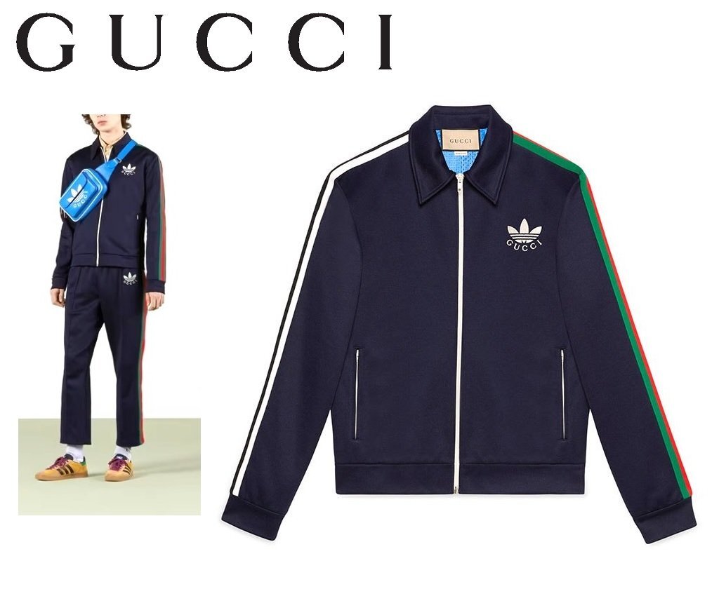 25万新品◆S◆グッチ GUCCI×adidasコラボ 紺ロゴトレフォイユ刺繍 コットン混ジャージージップアップブルゾン 1円の画像1