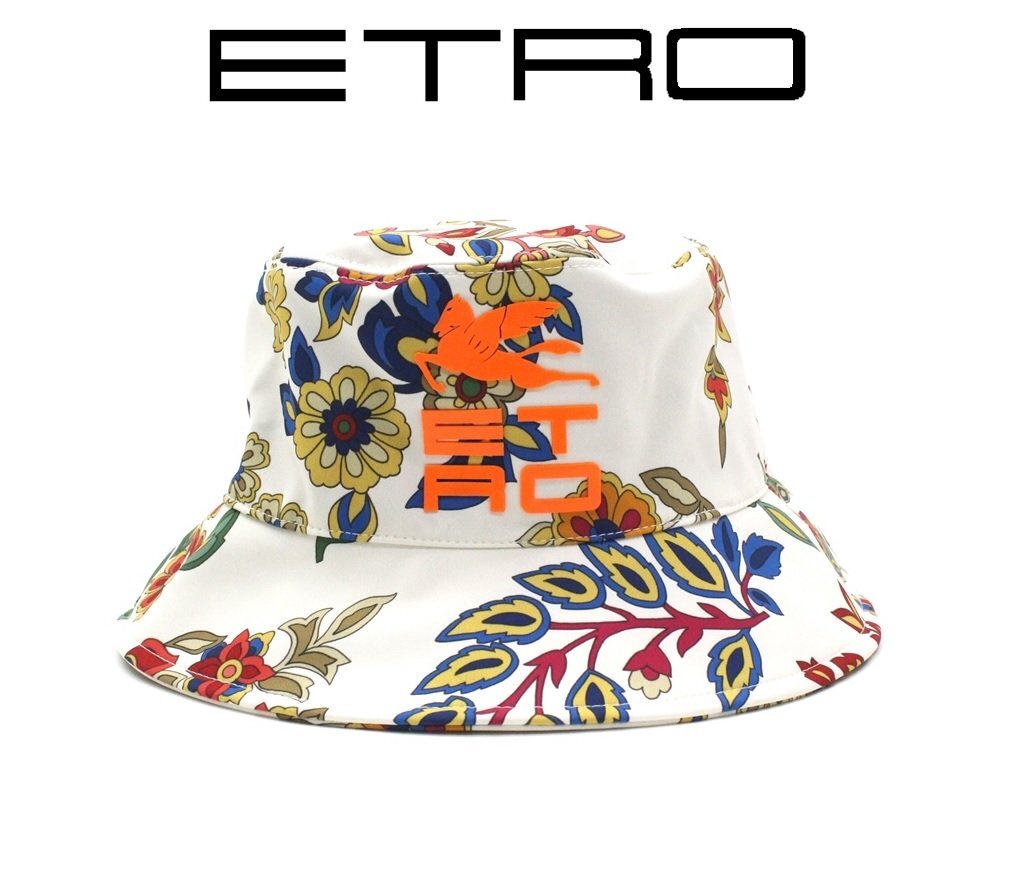 7万新品◆57◆【ETRO】エトロ◆イタリア製 フラワープリント×PEGASO立体ロゴ バケットハット ホワイト系マルチカラー 1円の画像1