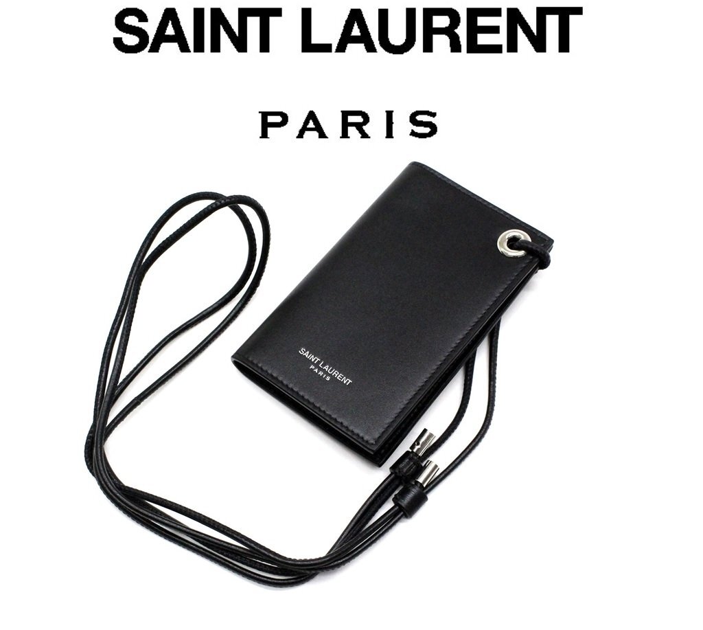 9万新品◆SAINT LAURENT 黒 ナッパレザー エンボス加工ロゴネックストラップ付きスライド型カードケース【サンローラン】1円の画像1