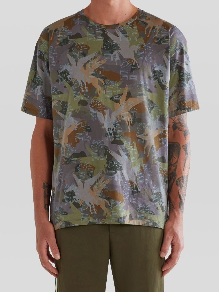 11万新品◆XL◆【ETRO】エトロ◆PEGASOペガソモチーフカモフラージュ柄 PEGAFLYING Tシャツ グレー×カーキ系カラー 1円_画像2