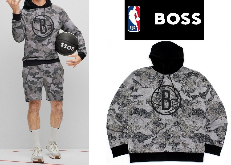 4万新品◆XL◆ボス BOSS×NBAコラボ BROOKLYN NETS カモフラージュプリントフーディースウェットプルオーバー『W_Camo_NBA』1円_画像1