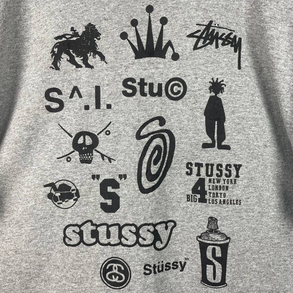 Wm564 STUSSY オールド ステューシー 歴代ロゴ入り フルロゴ 半袖 Tシャツ ロゴT プリントT グレー 灰 メンズ L_画像7