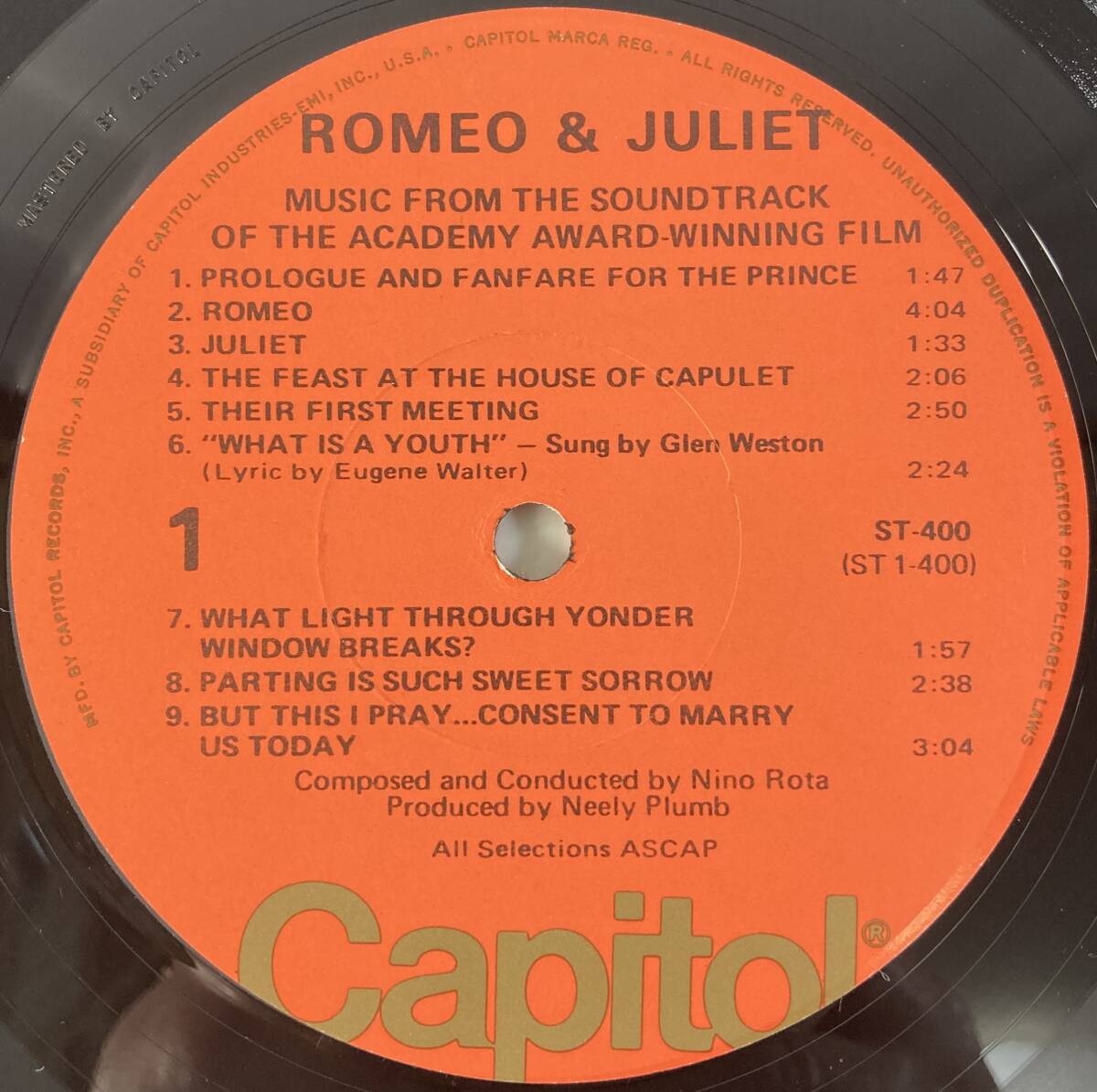 ロミオとジュリエット (1968) ニーノ・ロータ 米盤LP Capitol ST-400 STEREO_画像4