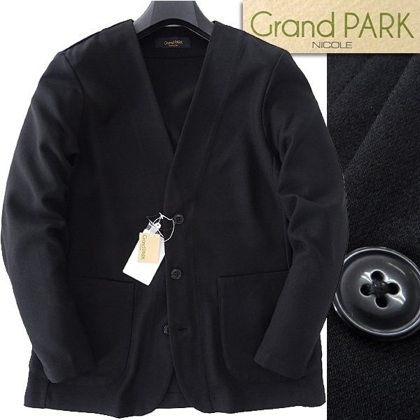 新品 Grand PARK ニコル ストレッチ ノーカラー ジャケット 46(M) 黒 【J60039】 NICOLE メンズ ブルゾン カジュアル ビジネスの画像1