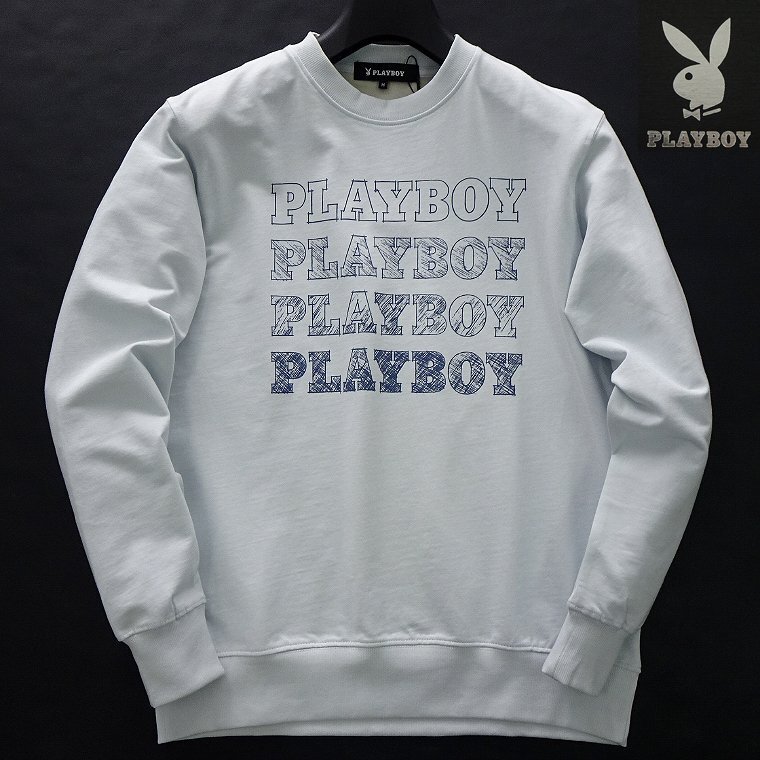 新品 プレイボーイ 24年春夏 グラフィック スウェット L 水色【41022_76】 PLAYBOY ロゴ 長袖 コットン スエット トレーナー メンズの画像1