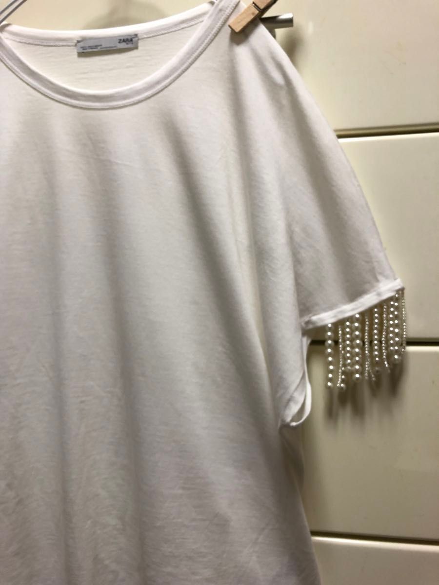 ザラ　袖　パール　付き　コットン　半袖　Tシャツ　カットソー　S ホワイト　白　ZARA トップス　