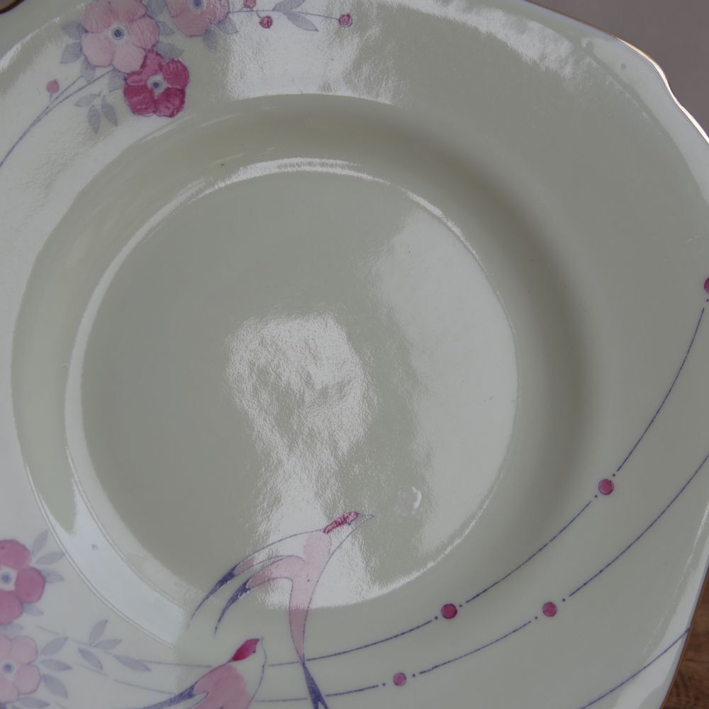 ケーキ皿 デザートプレート 16cm 四角 Grafton ピンク 花柄 つばめ 鳥 アンティーク食器 陶器 Westlands #240224-1~4 レトロ ヴィンテージ_画像6